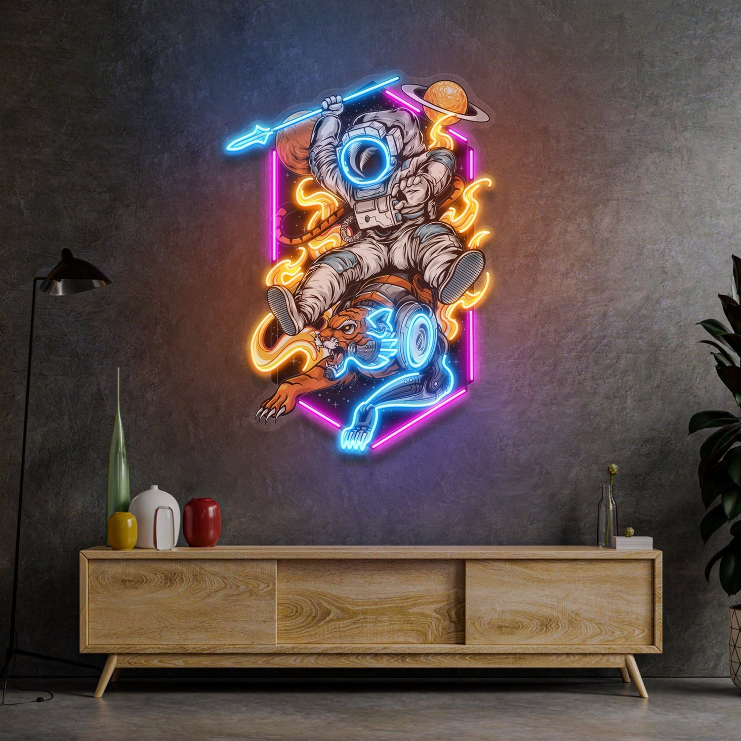 Astronaut On Tiger Neon Sign - Astronaut Wall Art | Custom Business Logo LED Light |  Coffee Shop Decor | FunkyDecors