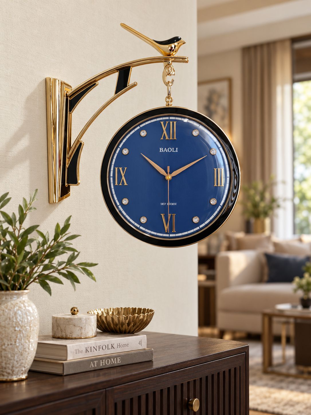 BAOLI wall clock with a blue face, gold Roman numerals, and a gold bird-shaped bracket, mounted on a beige wall in a modern living room setting.