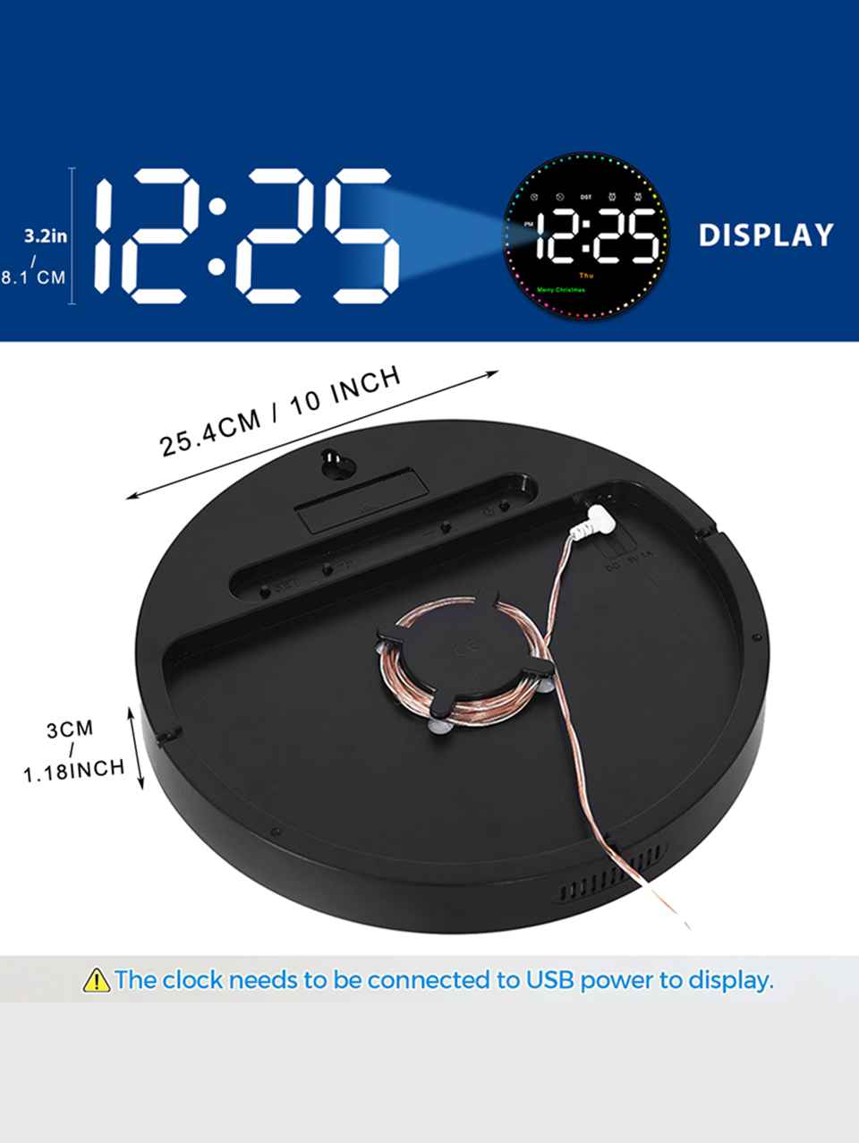 Modern LED Digital Wall Clock with Dual Alarms &amp; Holiday Display | 10-Inch USB-Powered Clock