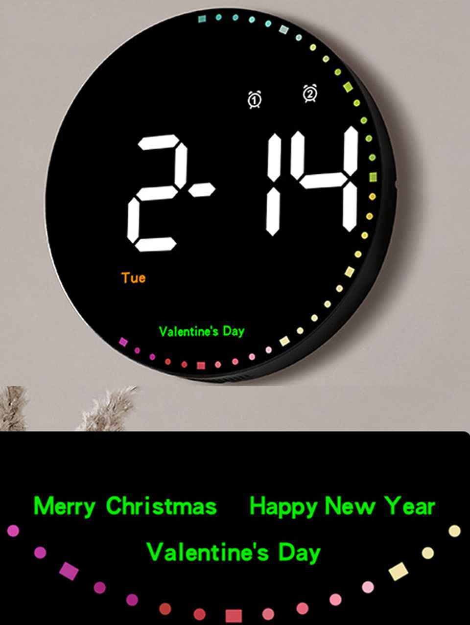 Modern LED Digital Wall Clock with Dual Alarms &amp; Holiday Display | 10-Inch USB-Powered Clock
