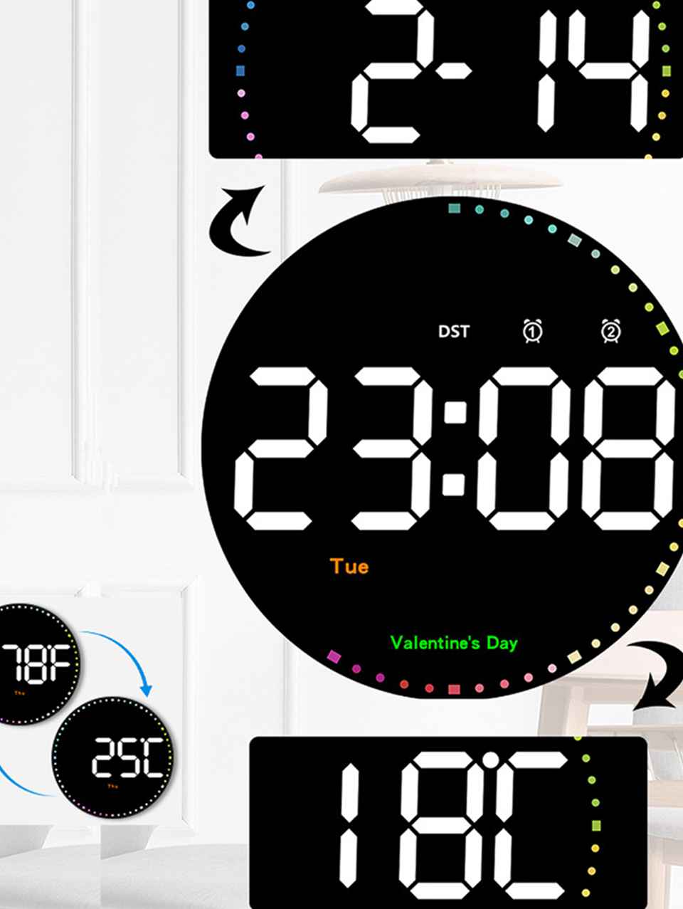 Modern LED Digital Wall Clock with Dual Alarms &amp; Holiday Display | 10-Inch USB-Powered Clock