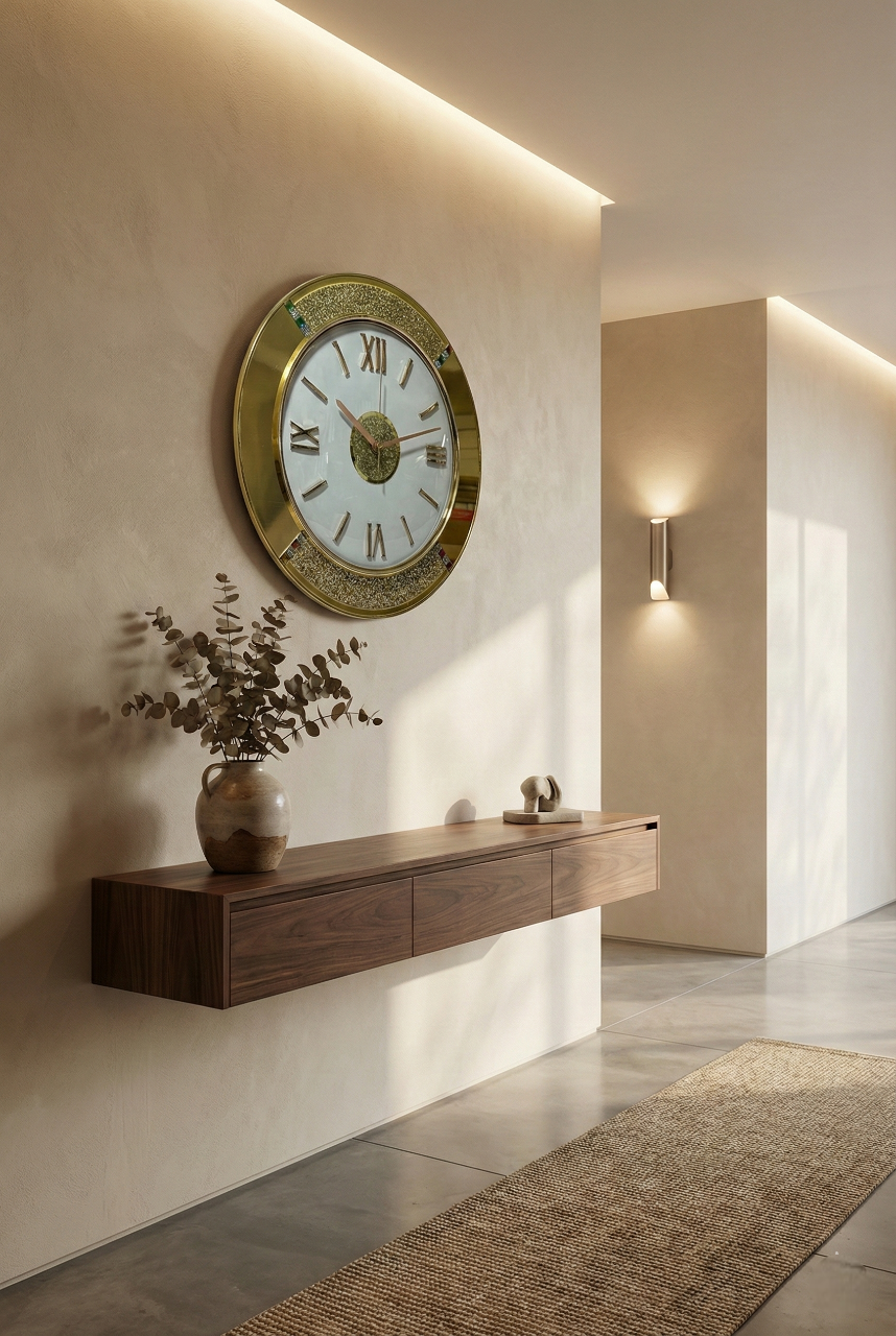 Bedroom with a decorative clock on the wall above a bed.