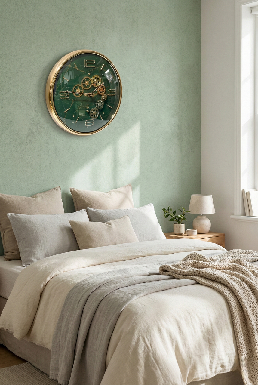 Bedroom with a large wall clock on a light green wall, bed with pillows and blankets, and a lamp on a nightstand.