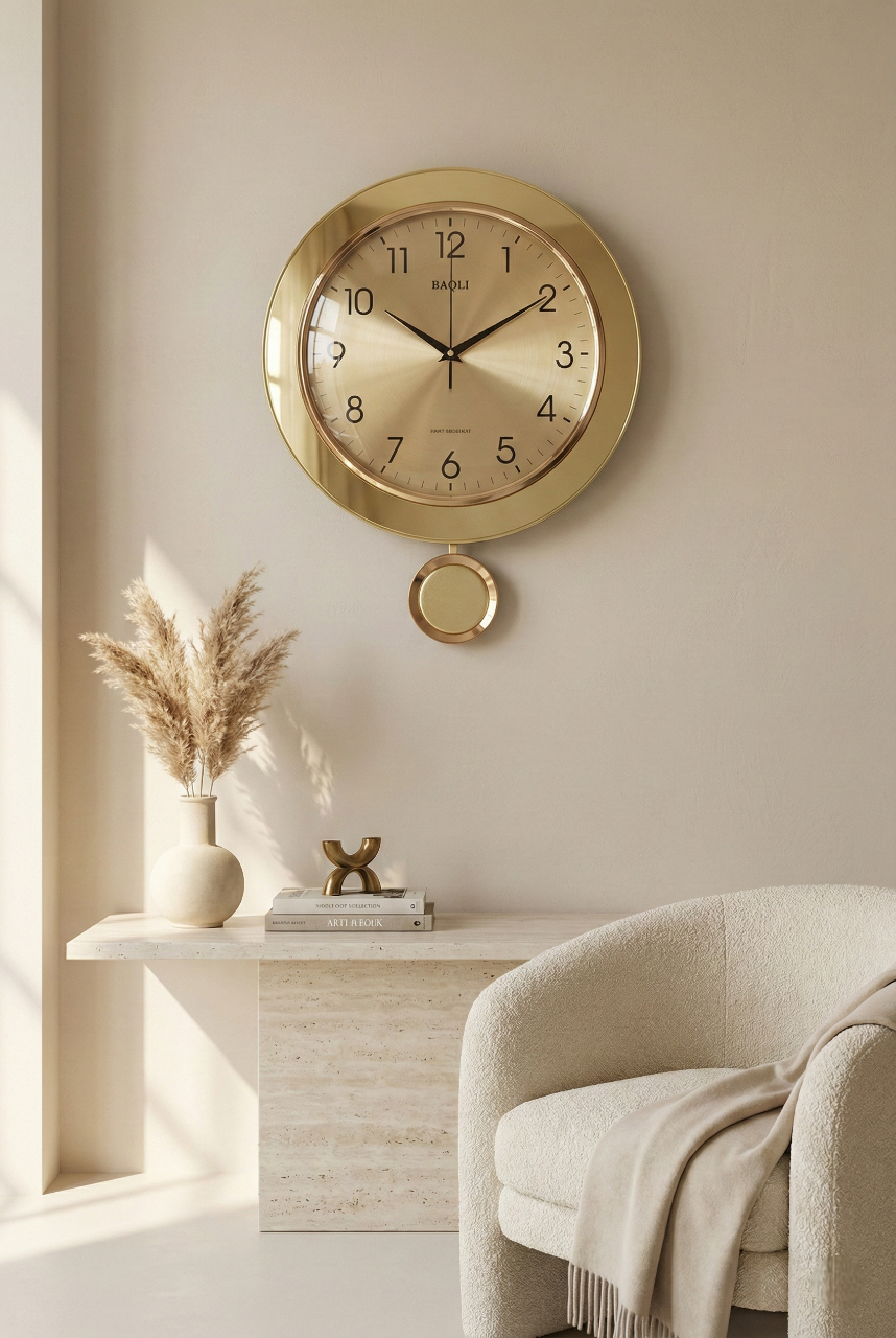 Beige bedroom with a bed, lamp, and decorative wall clock.