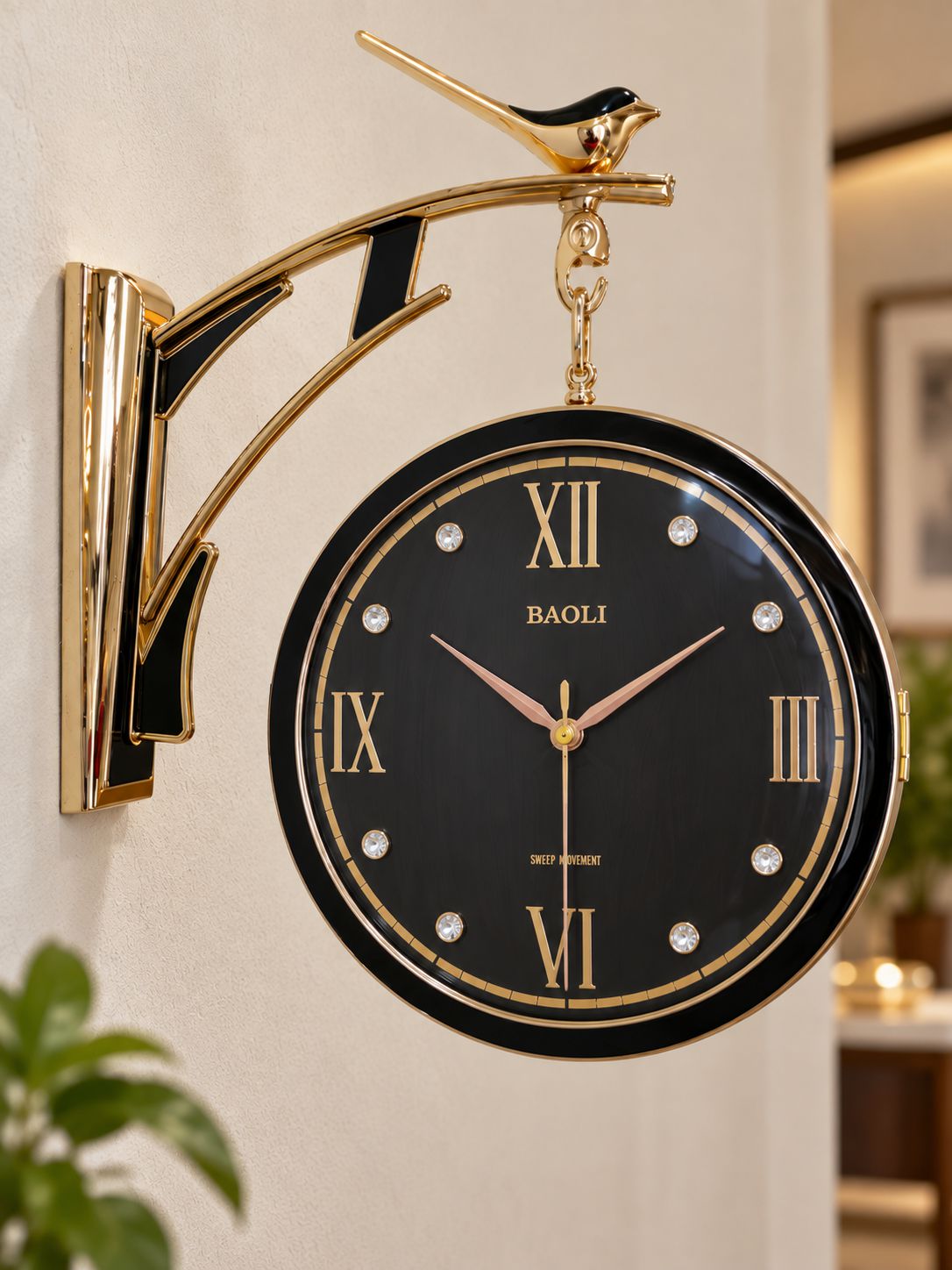 Black Sparrow decorative wall clock with Roman numerals and gold bird-shaped hanger