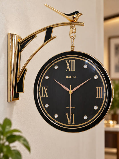 Black Sparrow decorative wall clock with Roman numerals and gold bird-shaped hanger