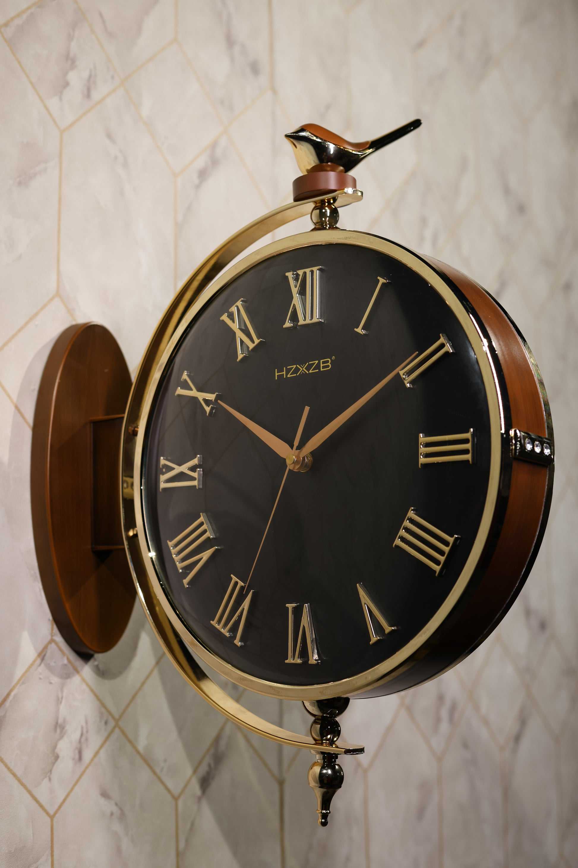 Black and Brown silent wall clock mounted in stylish entryway