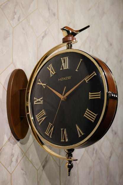 Black and Brown silent wall clock mounted in stylish entryway