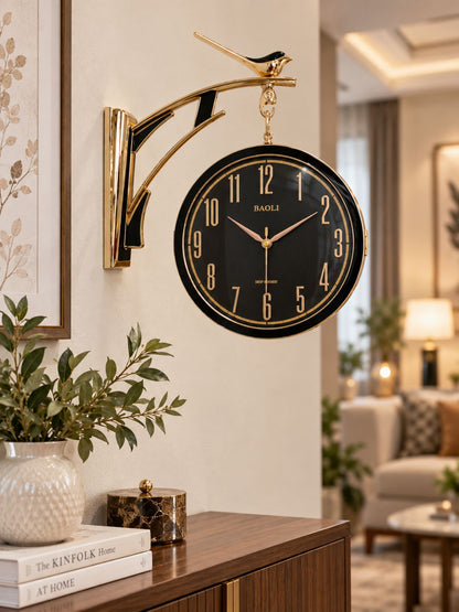Black dual-sided rotatable Sparrow wall clock with Arabic numeral face