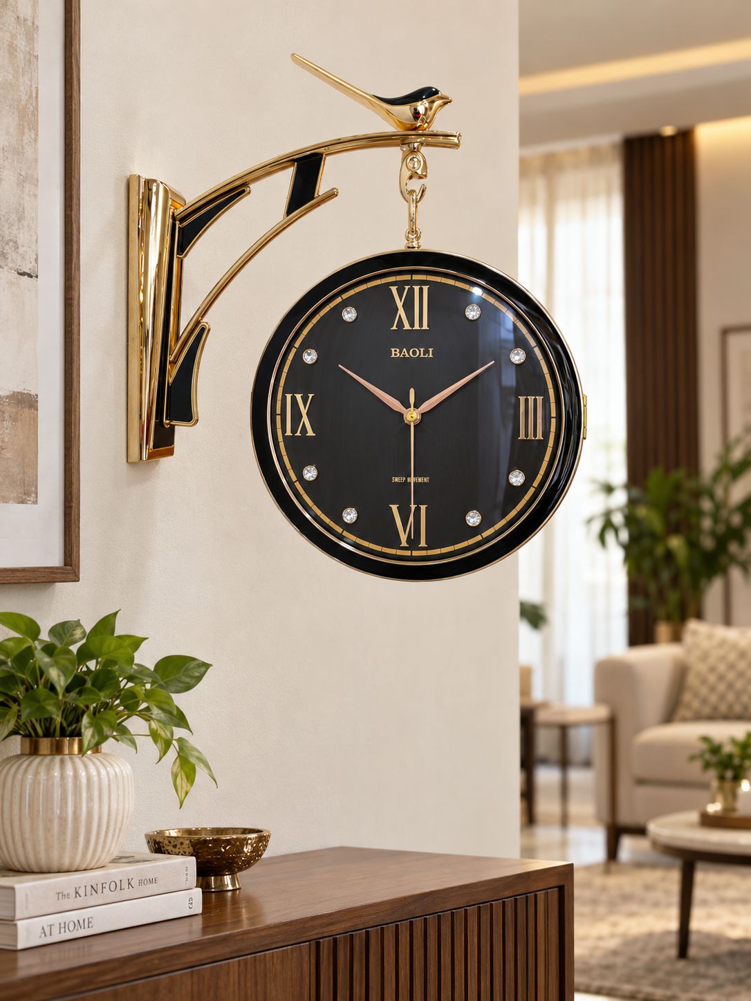 Black dual-sided rotatable Sparrow wall clock with Roman numeral face