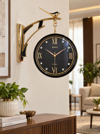 Black dual-sided rotatable Sparrow wall clock with Roman numeral face