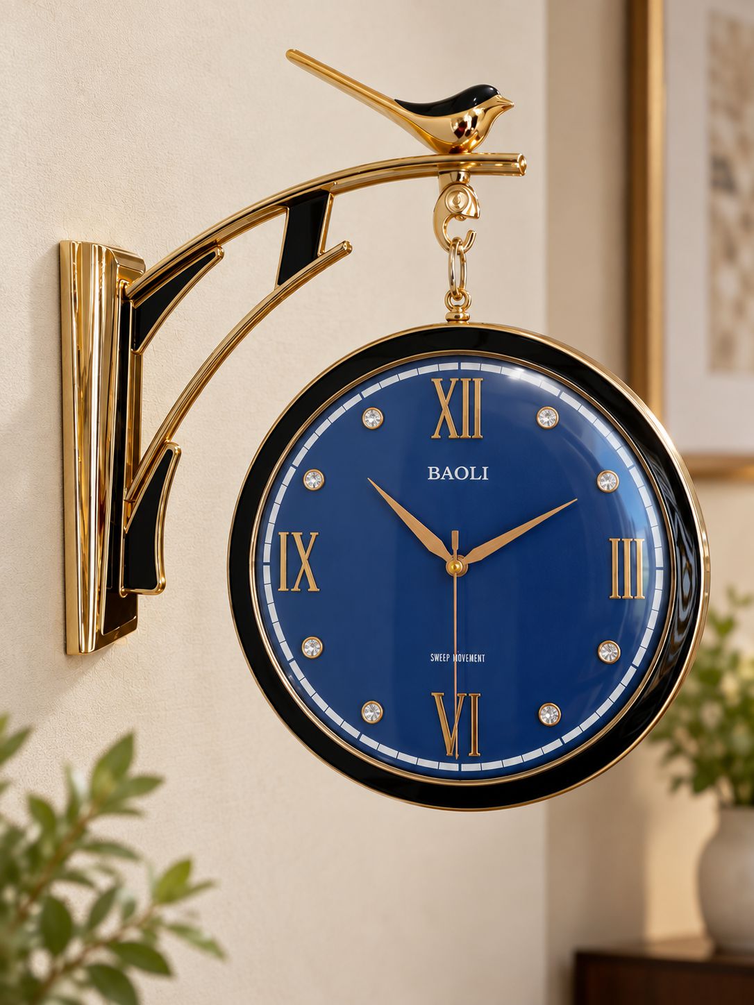 Blue Sparrow decorative wall clock with Roman numeral dial and gold bird design