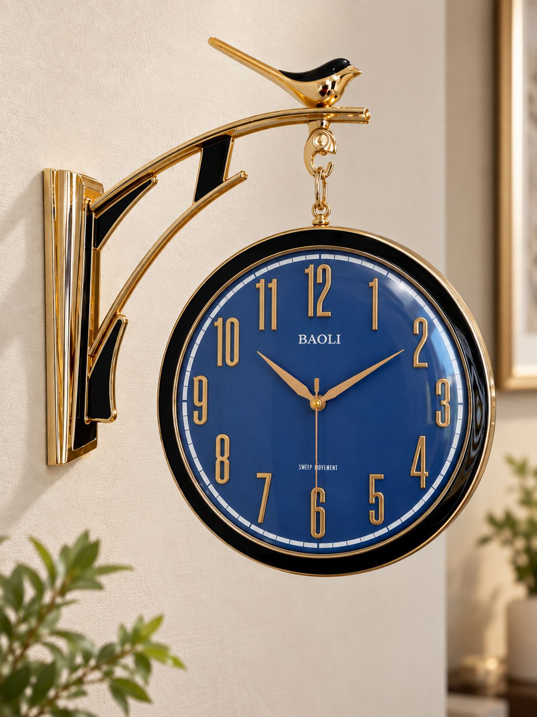 Blue Sparrow dual-sided wall clock with Arabic numerals and gold detailing
