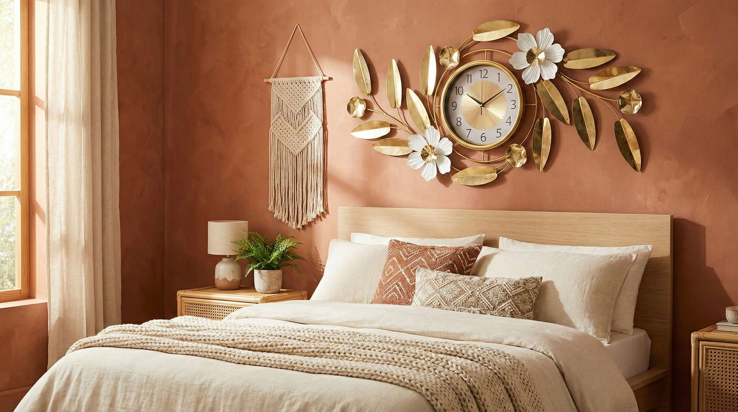 Bohemian bedroom decor featuring large gold and white botanical clock above the bed with terracotta walls.