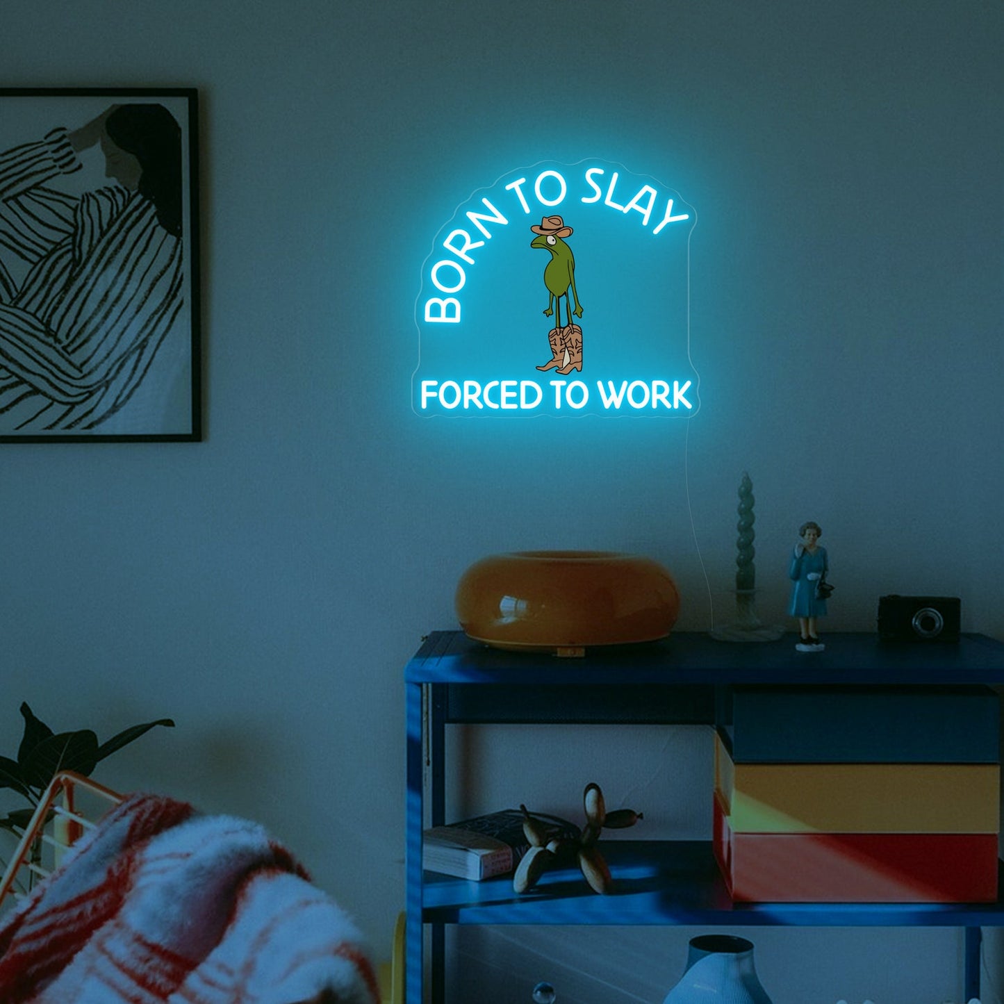 Born To slay Forced to work Neon Sign| Cowboy Frog Wall Art| Silly Gift| Housewarming Gift| Ironic Y2K | Funny Home Decor| Oddly Specific Joke| FunkyDecors