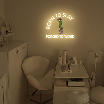 Born To slay Forced to work Neon Sign| Cowboy Frog Wall Art| Silly Gift| Housewarming Gift| Ironic Y2K | Funny Home Decor| Oddly Specific Joke| FunkyDecors