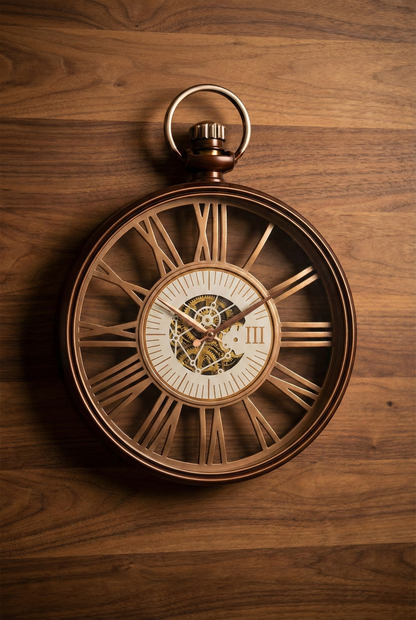 Bronze pocket watch with visible mechanism on a wooden background