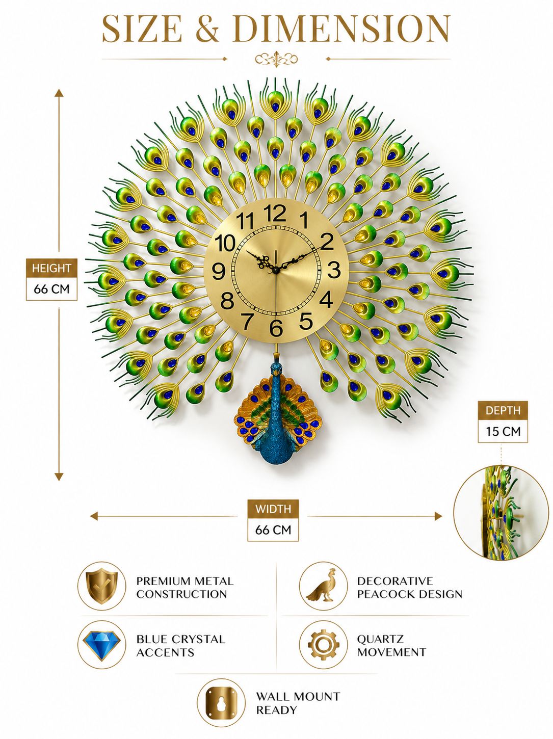 Majestic Peacock Metal Wall Clock with Ceramic Peacock Body &amp; Crystal Accents – Luxury Decorative Wall Clock (66 x 66 cm)
