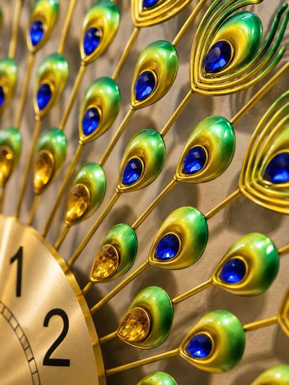 Majestic Peacock Metal Wall Clock with Ceramic Peacock Body & Crystal Accents – Luxury Decorative Wall Clock (66 x 66 cm)
