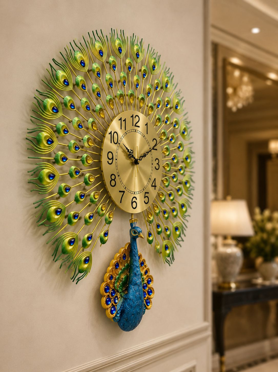 Majestic Peacock Metal Wall Clock with Ceramic Peacock Body &amp; Crystal Accents – Luxury Decorative Wall Clock (66 x 66 cm)