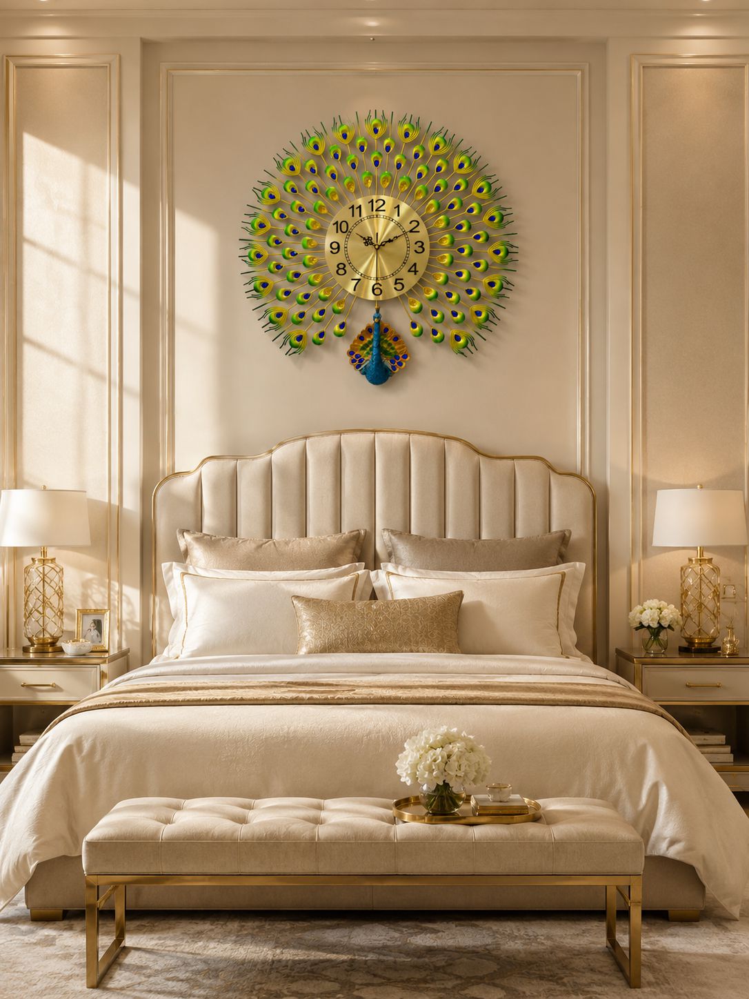 Majestic Peacock Metal Wall Clock with Ceramic Peacock Body &amp; Crystal Accents – Luxury Decorative Wall Clock (66 x 66 cm)