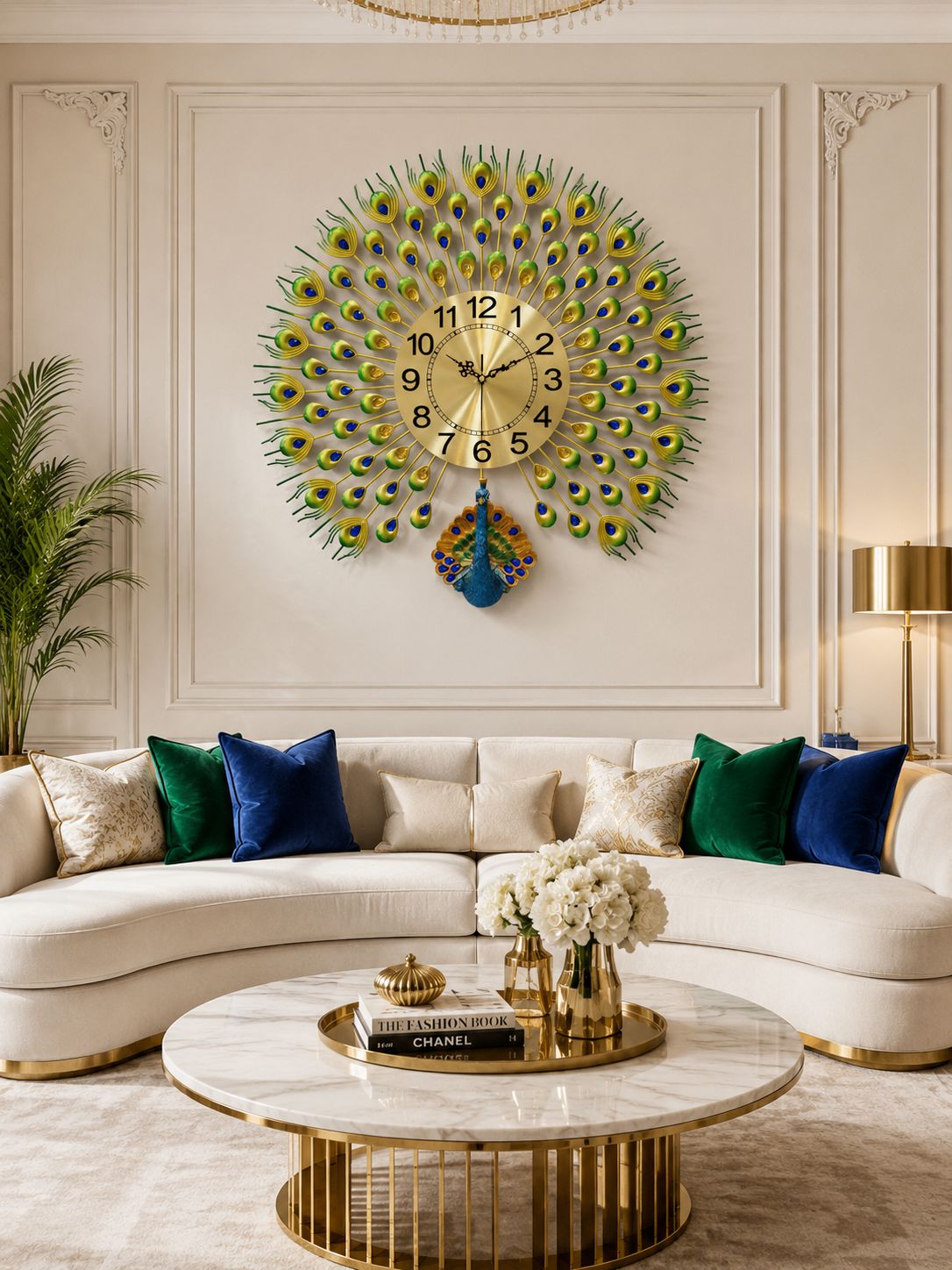 Majestic Peacock Metal Wall Clock with Ceramic Peacock Body &amp; Crystal Accents – Luxury Decorative Wall Clock (66 x 66 cm)