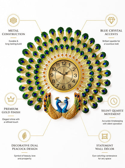 Royal Dual Peacock Metal Wall Clock with Ceramic Peacock Sculpture – Luxury Crystal Decorative Wall Clock for Living Room (70 x 65 cm)