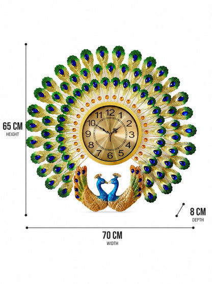 Royal Dual Peacock Metal Wall Clock with Ceramic Peacock Sculpture – Luxury Crystal Decorative Wall Clock for Living Room (70 x 65 cm)
