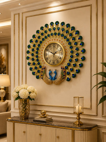 Royal Dual Peacock Metal Wall Clock with Ceramic Peacock Sculpture – Luxury Crystal Decorative Wall Clock for Living Room (70 x 65 cm)