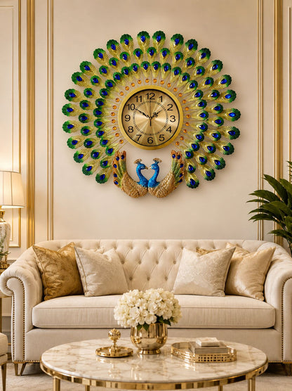 Royal Dual Peacock Metal Wall Clock with Ceramic Peacock Sculpture – Luxury Crystal Decorative Wall Clock for Living Room (70 x 65 cm)