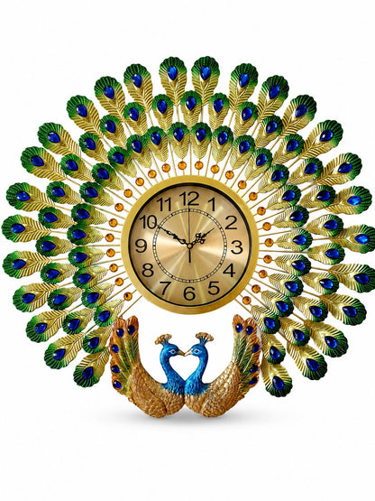 Royal Dual Peacock Metal Wall Clock with Ceramic Peacock Sculpture – Luxury Crystal Decorative Wall Clock for Living Room (70 x 65 cm)