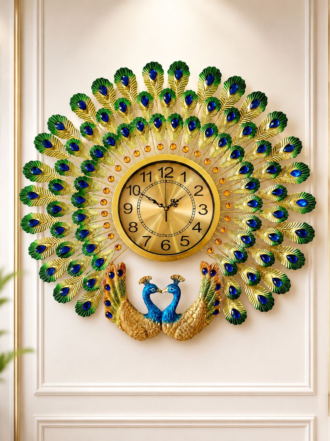 Royal Dual Peacock Metal Wall Clock with Ceramic Peacock Sculpture – Luxury Crystal Decorative Wall Clock for Living Room (70 x 65 cm)