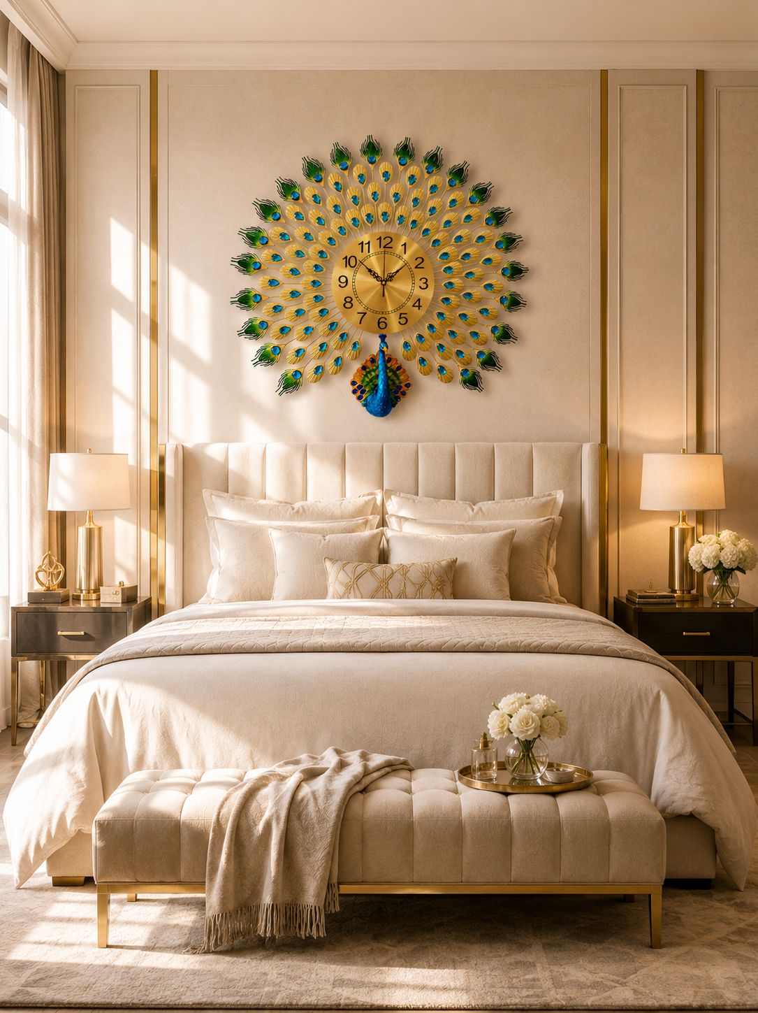 Royal Peacock Metal Wall Clock with Ceramic Peacock – Luxury Decorative Wall Clock for Living Room, Bedroom &amp; Hall (72 x 60 cm)