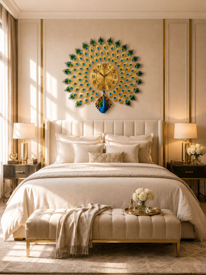 Royal Peacock Metal Wall Clock with Ceramic Peacock – Luxury Decorative Wall Clock for Living Room, Bedroom & Hall (72 x 60 cm)
