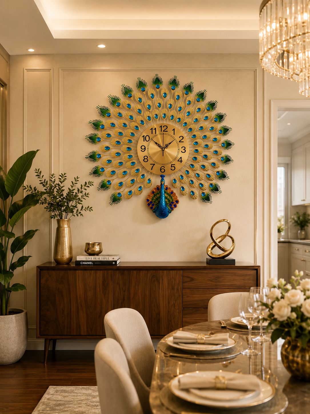 Royal Peacock Metal Wall Clock with Ceramic Peacock – Luxury Decorative Wall Clock for Living Room, Bedroom &amp; Hall (72 x 60 cm)