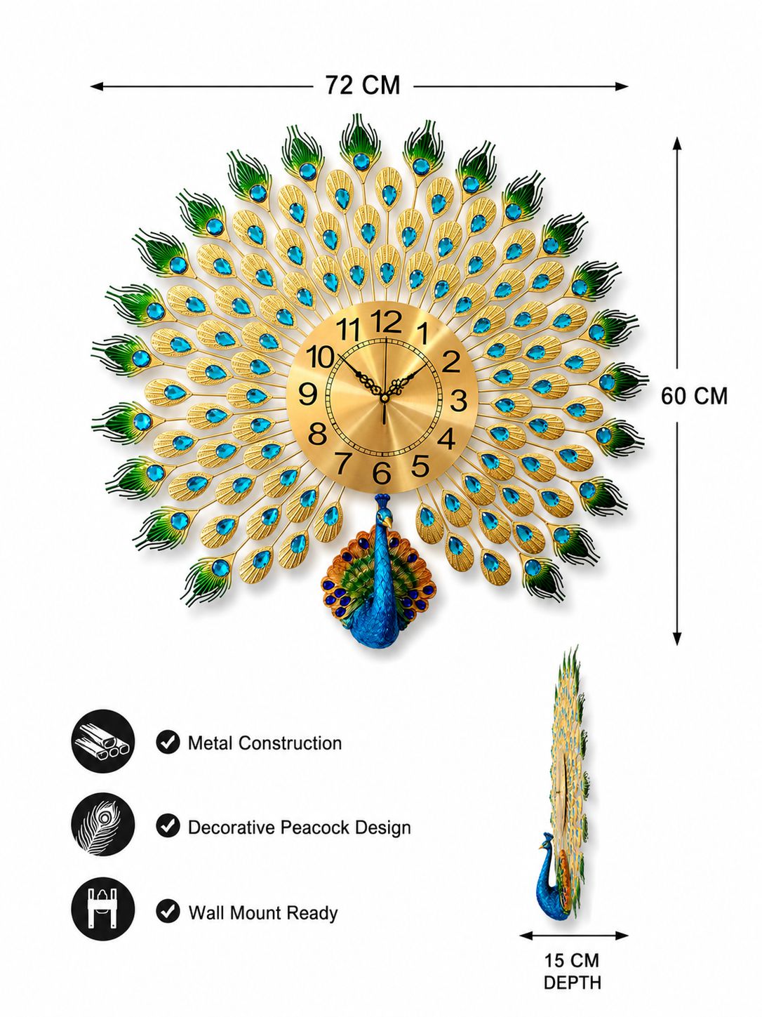 Royal Peacock Metal Wall Clock with Ceramic Peacock – Luxury Decorative Wall Clock for Living Room, Bedroom &amp; Hall (72 x 60 cm)