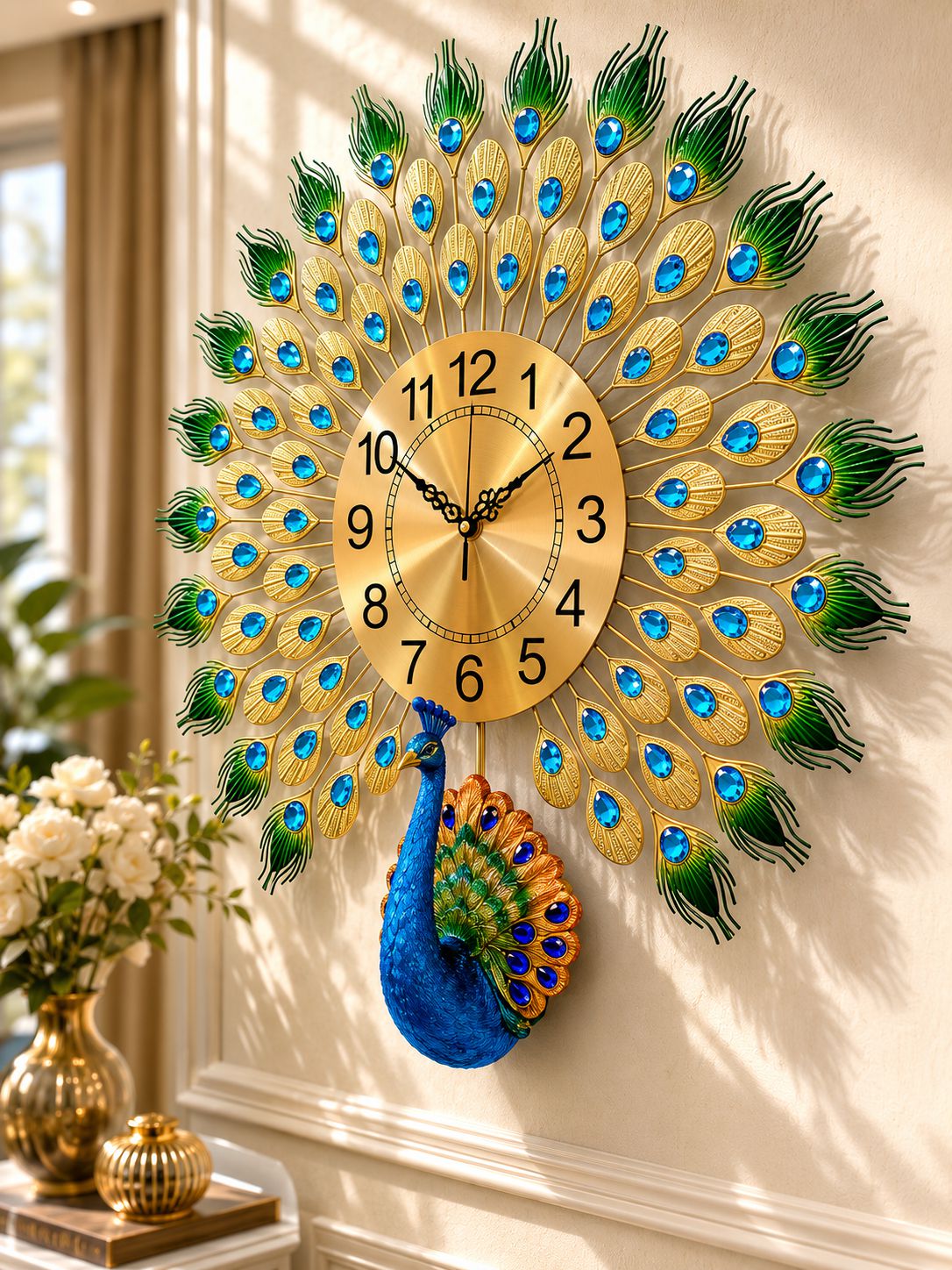 Royal Peacock Metal Wall Clock with Ceramic Peacock – Luxury Decorative Wall Clock for Living Room, Bedroom &amp; Hall (72 x 60 cm)