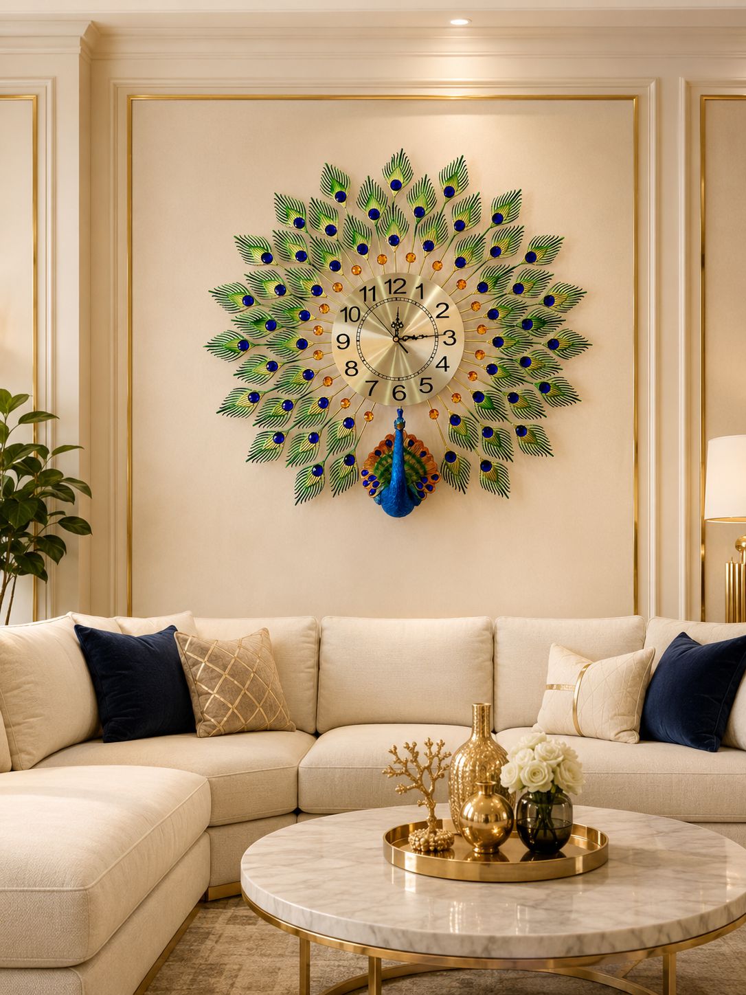 Royal Peacock Metal &amp; Ceramic Wall Clock – Luxury Handmade Decorative Wall Clock with Crystal Feather Design (72 x 65 cm)