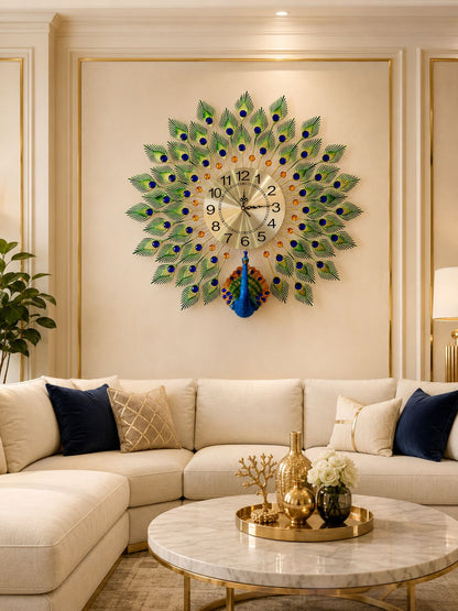 Royal Peacock Metal & Ceramic Wall Clock – Luxury Handmade Decorative Wall Clock with Crystal Feather Design (72 x 65 cm)