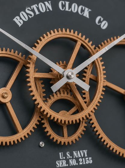 Close-up detail of rotating bronze gears and premium craftsmanship