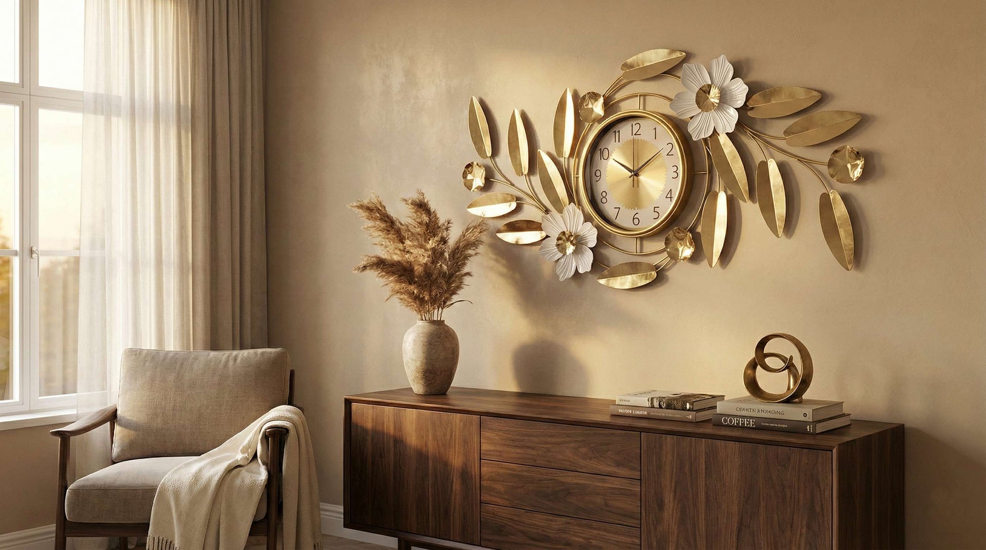 Close up detail of gold iron leaves and white metal flowers on wall clock.