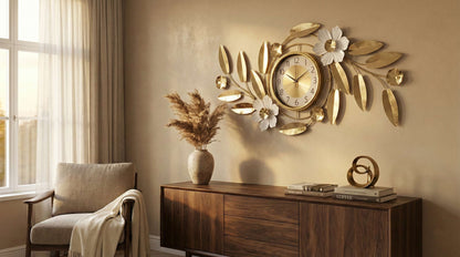 Close up detail of gold iron leaves and white metal flowers on wall clock.