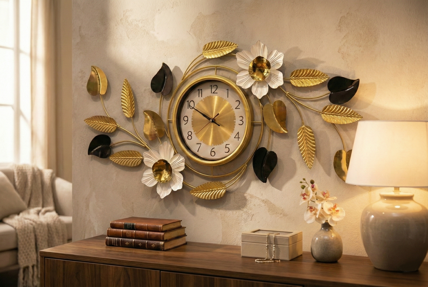 Close up detail of silent gold clock dial and metal leaf texture