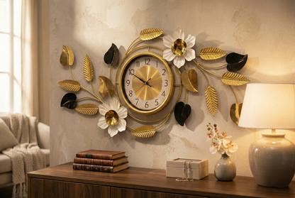Close up detail of silent gold clock dial and metal leaf texture