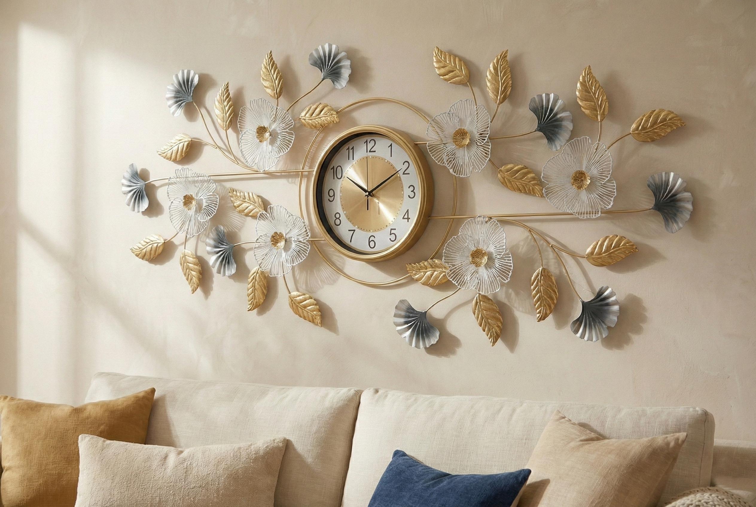 Close up of gold clock dial with silent quartz movement and metal leaf details.