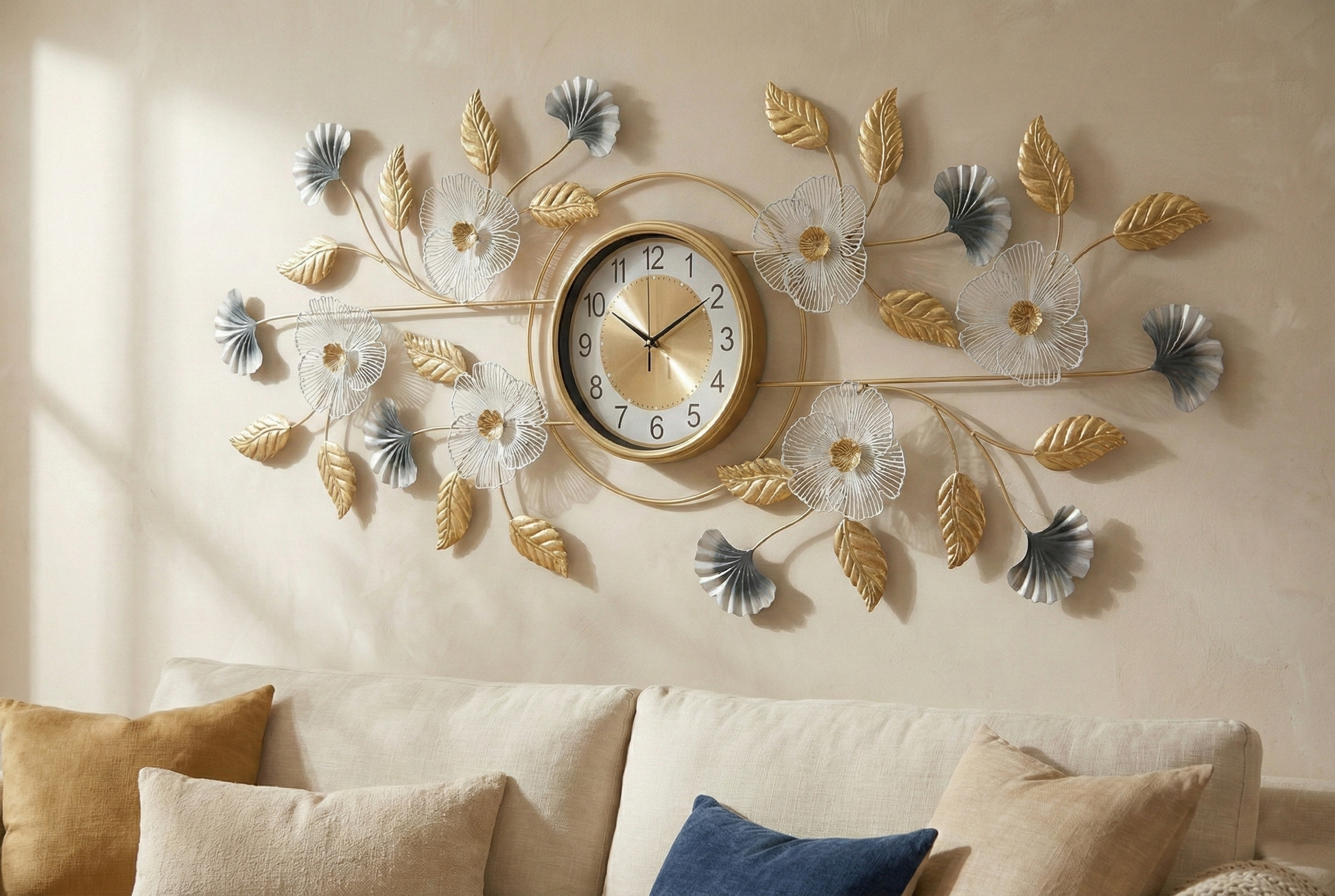 Close up of gold clock dial with silent quartz movement and metal leaf details.