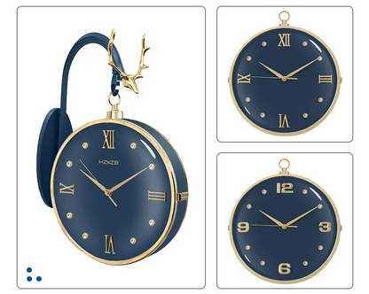 Collage of a blue clock with gold accents on a white background