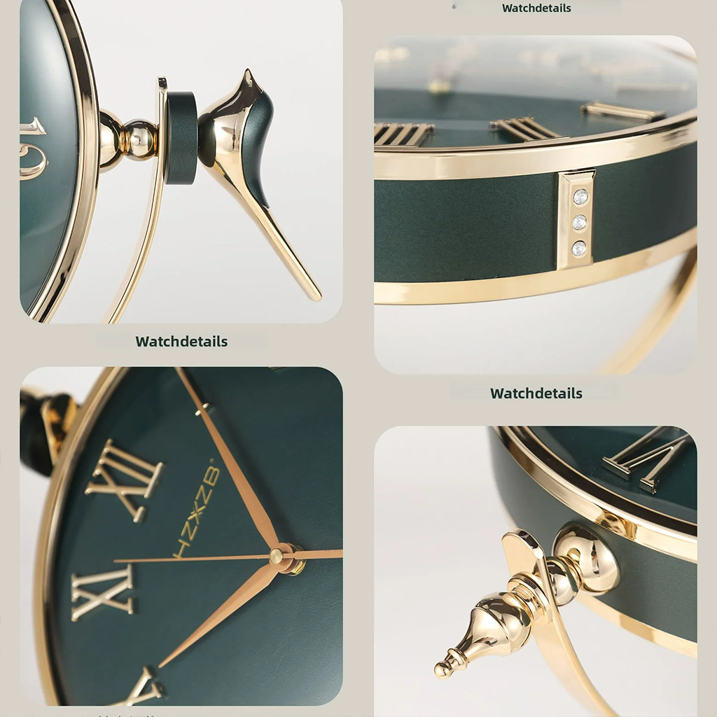 Collage of a green watch with gold accents, focusing on details like the case, crown, and face.