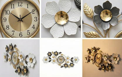 Collage of decorative wall clocks and floral clock designs.