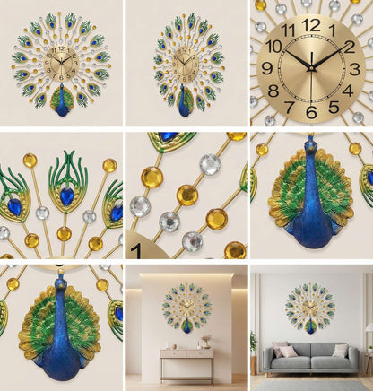 Collage of decorative wall clocks with peacock designs on a beige background.